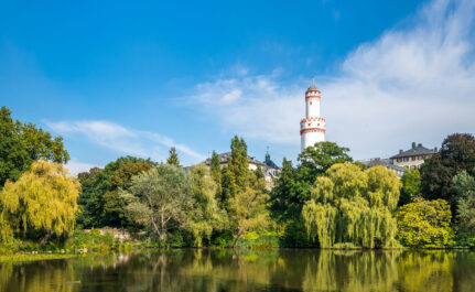 Blick auf den Weißen Turm hinter dem Schloßpark Bad Homburg